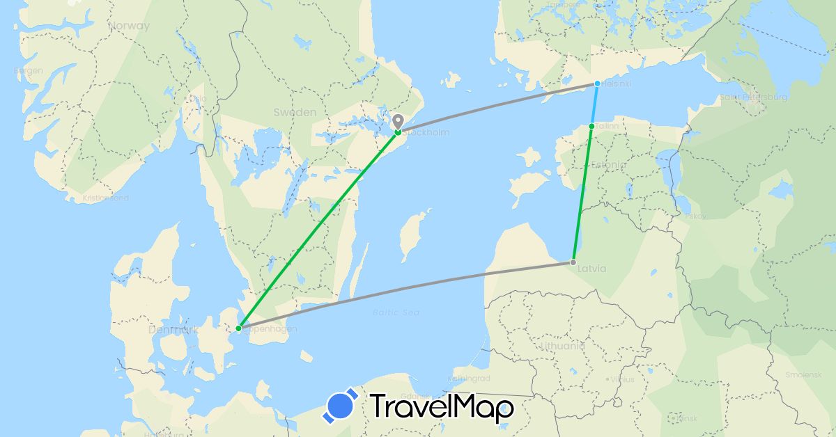 TravelMap itinerary: driving, bus, plane, boat in Denmark, Estonia, Finland, Latvia, Sweden (Europe)